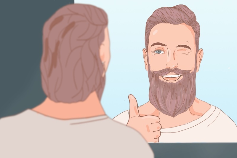 A man is showing thumbs up while looking in the mirror to his medium beard